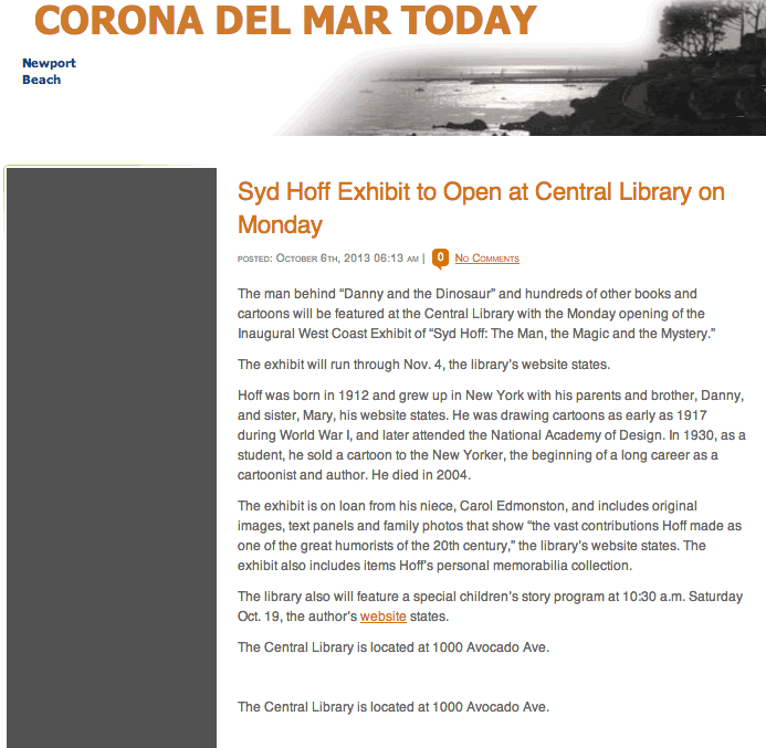 Corona Del Mar Today Article about Syd Hoff